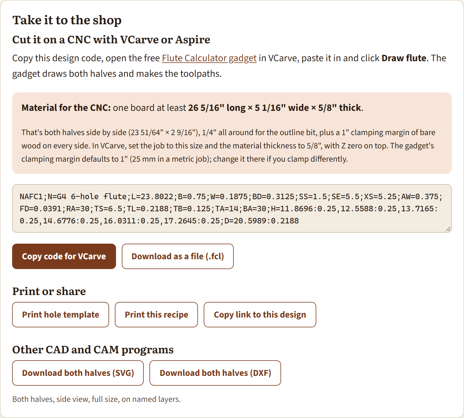 The Take it to the shop card with the design code and the Copy code for VCarve button