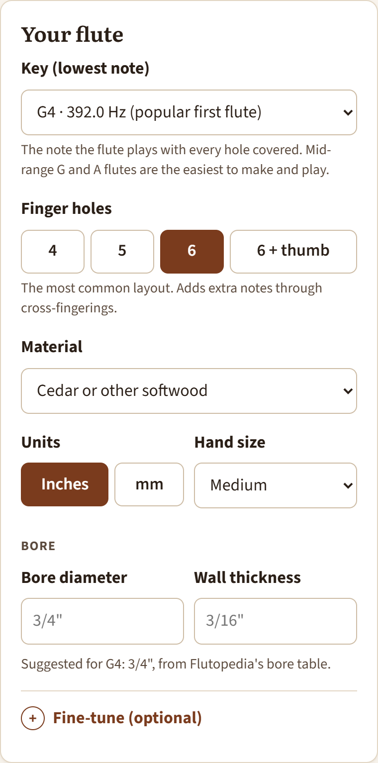 The calculator's form: key, finger holes, material, units, hand size and bore