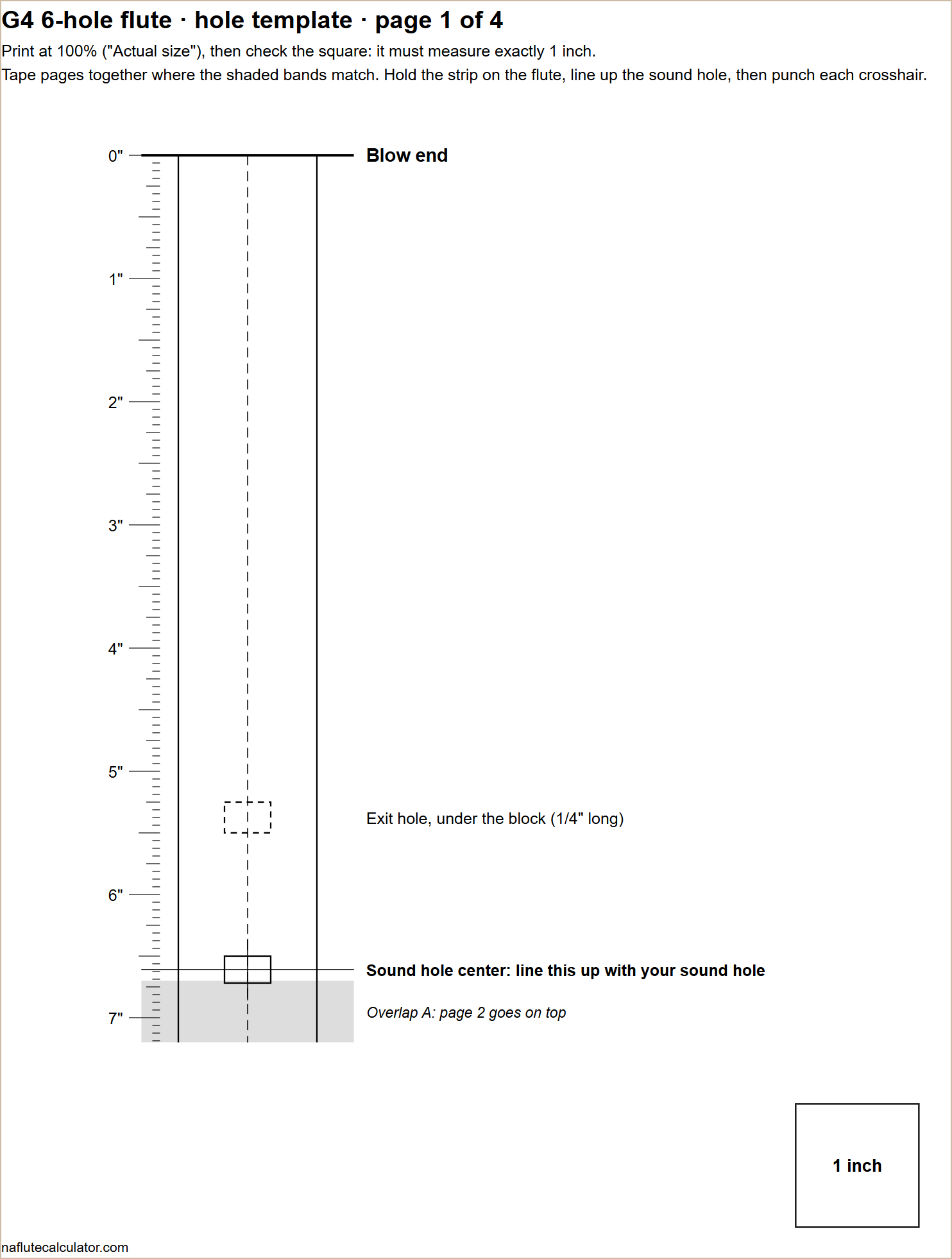 One page of the printed hole template with the ruler, holes and the 1-inch check square